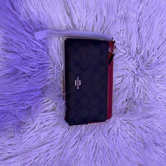 Brand New with tags Coach double wristlet in signature canvas and red leather. - Picture 4 of 4